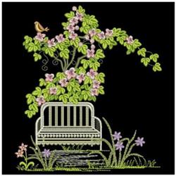 Bench adorned with detailed flowering vines and vibrant flowers, featuring a bird nearby, perfect for spring decor.