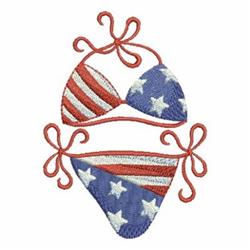 Playful bikini featuring red and blue colors with white stars and stripes, perfect for summer beach fun.