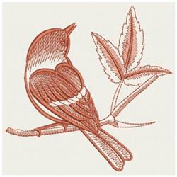 Vintage illustration of a bird perched on a branch with a leaf in warm reddish tones, ideal for nature lovers.