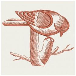 Detailed bird perched on a branch, showcasing warm reddish tones and intricate stitch textures.