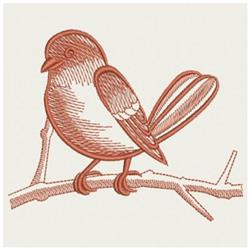 Stylized bird with detailed lines and warm earthy tones perched on a slender branch in line art design.