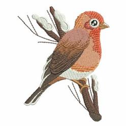Realistic bird, possibly a finch, featuring reddish-brown and white colors perched on a branch with spring buds.