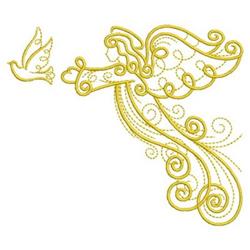 Elegant bird in flight with stylized wings, intricate swirls, and delicate details in soft yellow hues.