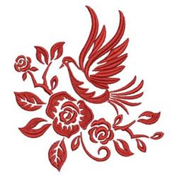 Traditional bird in red with wings spread, surrounded by roses and leaves, perfect for a floral decor.