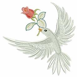 Elegant bird in soft gray and white feathers flies gracefully, holding a pink rose with green leaves.