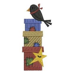 Whimsical bird perched on colorful patterned blocks with textures in blue, yellow, and red, topped with a bright star.