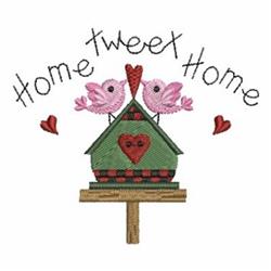 Playful birdhouse adorned with a red heart, flanked by two pink birds, perfect for spring decor.