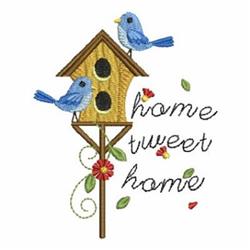 Whimsical birdhouse with two bluebirds, colorful flowers, and 'home tweet home' text, perfect for spring.