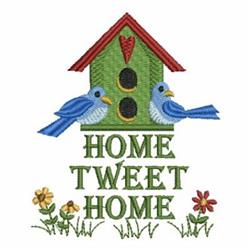 Vibrant green birdhouse with a red roof and heart detail, playful bluebirds, and colorful spring flowers.