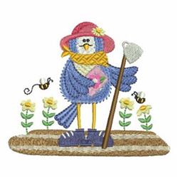 Whimsical blue bird with a yellow beak, wearing a pink hat and yellow scarf, among vibrant spring flowers.