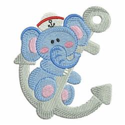 Playful blue elephant wearing a red and white sailor hat intertwined with a light gray anchor, perfect for nautical summer th