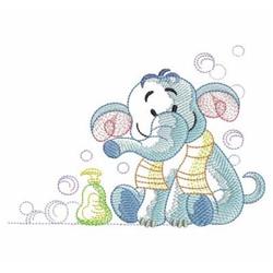 Cartoonish blue elephant with a striped scarf, next to a green bottle and surrounded by bubbles.