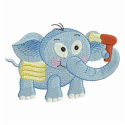 Playful blue elephant with large eyes and a yellow patch holding a paintbrush, perfect for children's designs.