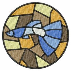 Stylized blue fish in vibrant stained glass style, framed by geometric shapes in brown and yellow.