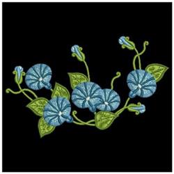 Vibrant blue flowers with intricate details and green leaves against a solid black background.