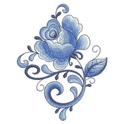 Applique blue flower with layered petals, swirling vines, and delicate leaves, showcasing intricate details.
