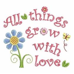 Playful flower applique with a large blue bloom, pink text, green leaves, and a butterfly in spring colors.