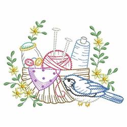 Whimsical bird, possibly a blue jay, curiously eyeing a basket filled with colorful yarn and thread, surrounded by flowers.