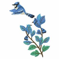 Vibrant blue jay in flight with striking blue and white plumage, perched on a detailed branch with lush green leaves.