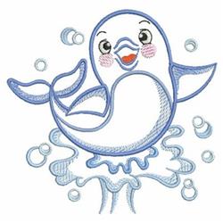 Playful blue whale with a smiling expression, splashing in water and surrounded by cheerful bubbles, vibrant cartoon style.
