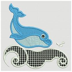 Colorful blue whale breaching over playful black and white waves, features charming textures and an expressive eye.