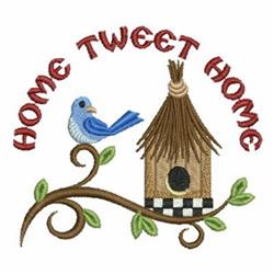 Whimsical bluebird perched on a branch by a brown birdhouse with checkered base and vibrant green leaves.