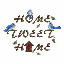 Playful bluebirds and a charming red birdhouse surrounding 'HOME TWEET HOME' text with vibrant colors.