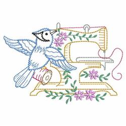 Whimsical bluebird in flight flanked by a colorful sewing machine, floral accents, and spool of thread.