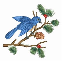 Vivid bluebird perched on a brown branch surrounded by green pine needles and cones in a realistic spring scene.
