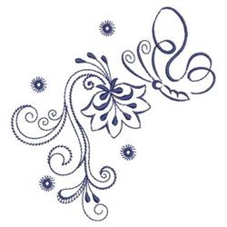 Bluework Jacobean Butterfly - 4x4 butterfly redwork embroidery design for reusable tote bags