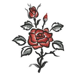 Bold red rose in full bloom with a budding rose, vibrant green leaves, and black outlines showcase detailed beauty.