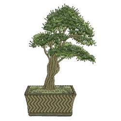 Realistic bonsai tree with detailed green foliage, brown trunk, and decorative zigzag pot, perfect for nature-themed embroide