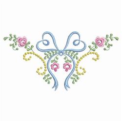 Applique bow with floral elements in spring, featuring a blue bow, pink roses, and green vines.