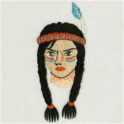 Applique strong female with braids, colorful facial paint, feather, and vibrant headband, reflecting cultural themes.