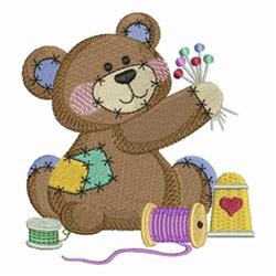 Playful brown bear adorned with colorful patches, holding sewing pins, surrounded by bright spools of thread.