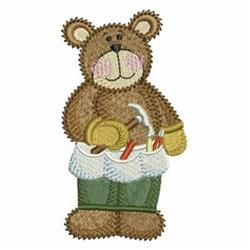 Playful brown bear in a green apron stuffed with tools, featuring rosy cheeks and a friendly smile.
