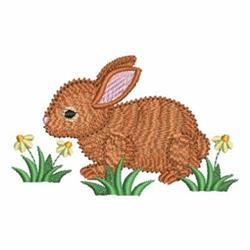 Whimsical brown rabbit with pink ears, surrounded by green grass and yellow flowers, perfect for spring.