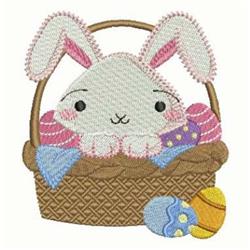 Playful bunny peeking from a woven basket filled with colorful Easter eggs, perfect for spring decor.