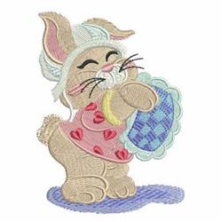 Cheerful bunny in a pink dress with hearts, holding a blue basket, designed for festive Easter decor.