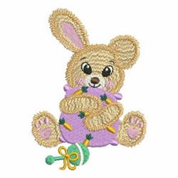 Cute bunny in a purple blanket, holding a baby bottle and surrounded by carrots, perfect for Easter.