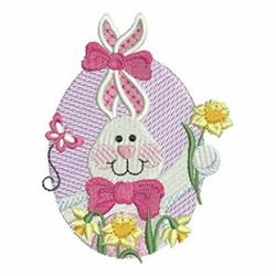 Applique bunny with pink bows beside a pastel Easter egg, surrounded by daffodils and a butterfly, perfect for spring.