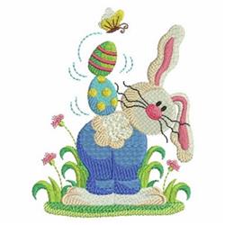 Playful bunny balancing a colorful egg on its head with flowers in the vibrant Easter scene.