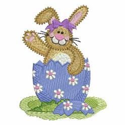Playful bunny with a pink bow emerges from a pastel blue egg adorned with white daisies, perfect for Easter.