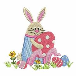 Playful bunny holds a pink polka dot Easter egg, surrounded by colorful flowers, perfect for festive celebrations.
