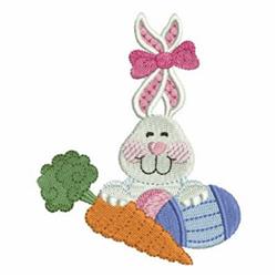 Playful bunny with pink accents and bow, beside a vibrant carrot and colorful Easter eggs, perfect for festive children’s ite
