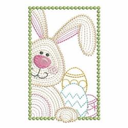 Playful bunny with long ears peeking behind colorful pastel Easter eggs, framed with a green border.