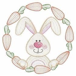 Cheerful bunny with a pink nose and large ears, surrounded by orange carrots in a circular arrangement, perfect for Easter.