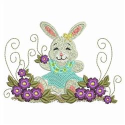 Cute bunny in blue outfit surrounded by vibrant purple flowers and green leaves for Easter.
