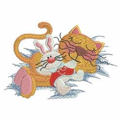 Playful bunny rabbit cuddles a sleeping cat, showcasing vibrant colors on a blue background, perfect for spring.