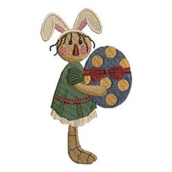 Whimsical bunny rabbit in a green dress holds a blue Easter egg with polka dots and a red bow, perfect for Easter decor.